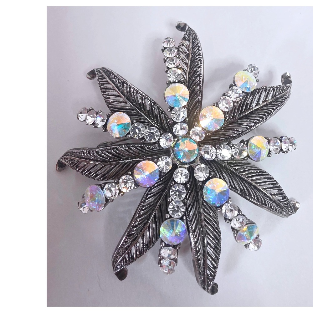 Vintage Style Silver Tone AB Rhinestone Starburst Leaf Brooch Pin Crystal Flower